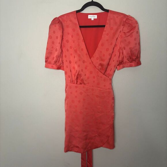 Privacy Please Dress Women's Large Coral Revolve Polka Dot Puff Sleeve Mini Wrap - Picture 1 of 9